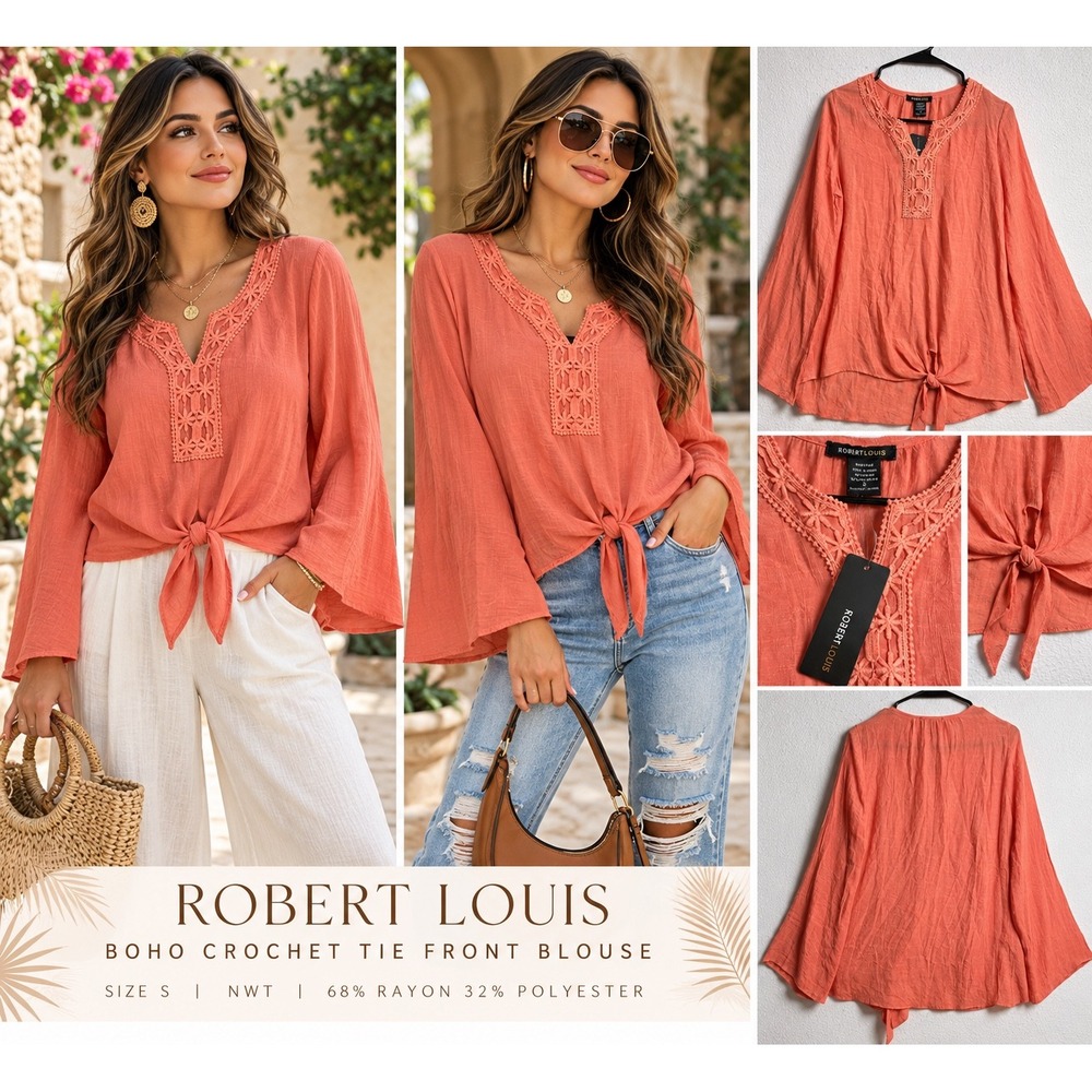 Robert Louis Boho Crochet Tie Front Blouse Coral Orange Long Bell Sleeve Small